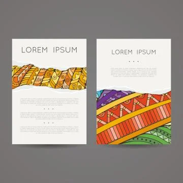 Set of vector design templates. Brochures in random colorful style. Zentangle Stock Illustration