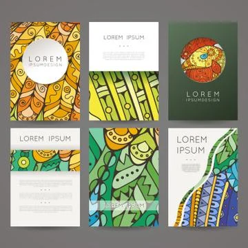 Set of vector design templates. Brochures in random colorful style. Zentangle Illustrazione stock