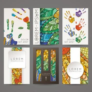 Set of vector design templates. Brochures in random colorful style. Zentangle Stock Illustration