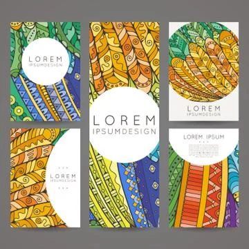 Set of vector design templates. Brochures in random colorful style. Zentangle Stock Illustration