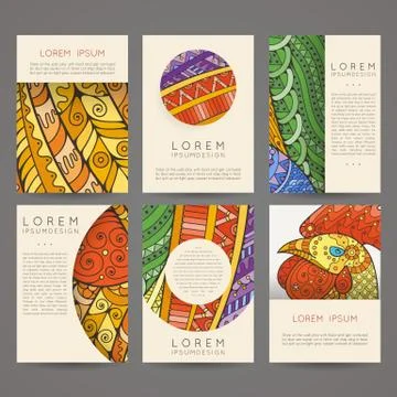 Set of vector design templates. Brochures in random colorful style. Zentangle Stock Illustration