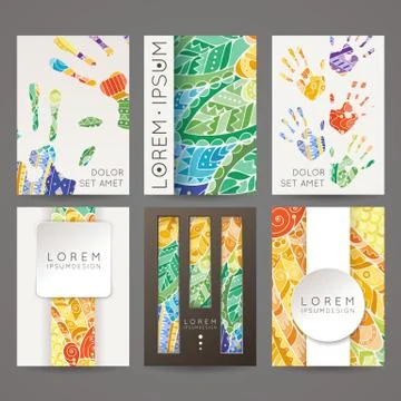 Set of vector design templates. Brochures in random colorful style. Zentangle Stock Illustration
