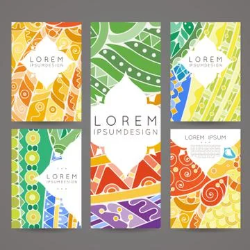 Set of vector design templates. Brochures in random colorful style. Zentangle Stock Illustration
