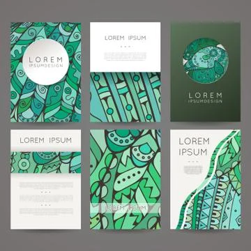 Set of vector design templates. Brochures in random colorful style. Zentangle Illustrazione stock