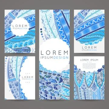 Set of vector design templates. Brochures in random colorful style. Zentangle Stock Illustration