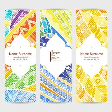 Set of vector design templates. Brochures in random colorful style. Zentangle Stock Illustration