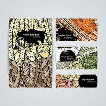 Set of vector design templates. Brochures in random colorful style. Zentangle Stock Illustration