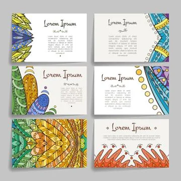 Set of vector design templates. Brochures in random colorful style. Zentangle Stock Illustration