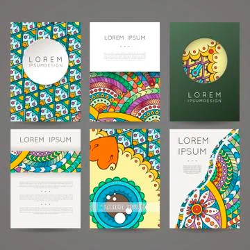 Set of vector design templates. Brochures in random colorful style. Zentangle Stock Illustration