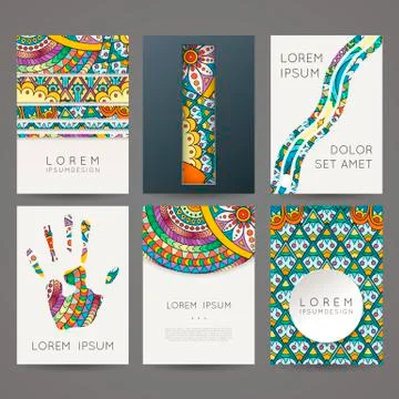 Set of vector design templates. Brochures in random colorful style. Zentangle Stock Illustration
