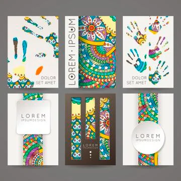 Set of vector design templates. Brochures in random colorful style. Zentangle Stock Illustration