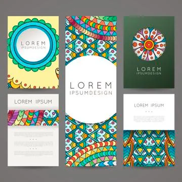 Set of vector design templates. Brochures in random colorful style. Zentangle 스톡 일러스트