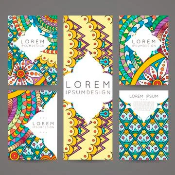 Set of vector design templates. Brochures in random colorful style. Zentangle Stock Illustration
