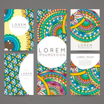 Set of vector design templates. Brochures in random colorful style. Zentangle Illustrazione stock