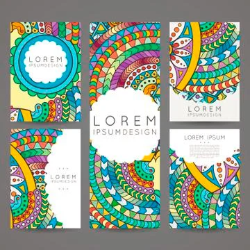 Set of vector design templates. Brochures in random colorful style. Zentangle 스톡 일러스트