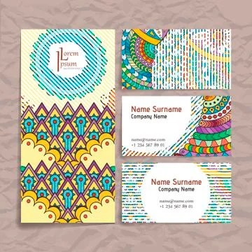 Set of vector design templates. Brochures in random colorful style. Zentangle Stock Illustration