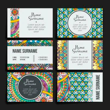 Set of vector design templates. Brochures in random colorful style. Zentangle 스톡 일러스트