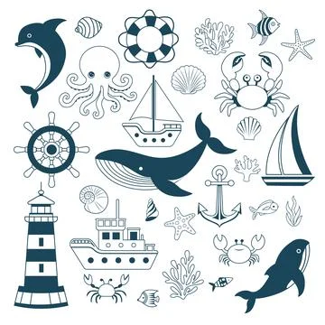 Set of vector designs with linear illustrations on a marine theme. Fish, sh.. Stock Illustration