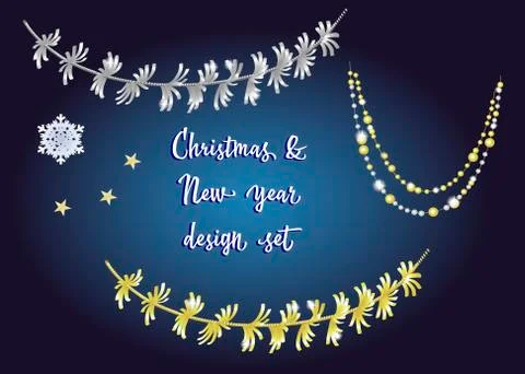 Set of vector detailed tinsel isolated on dark blue background.  Stock Illustration