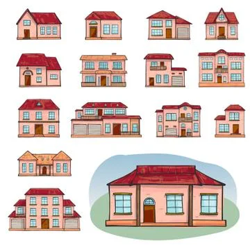 Set of vector different houses, cartoon scribble style. Ilustración de archivo