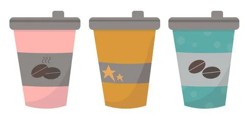 Set of vector disposable color paper coffee cup. Coffee in paper cup flat ico Illustrazione stock
