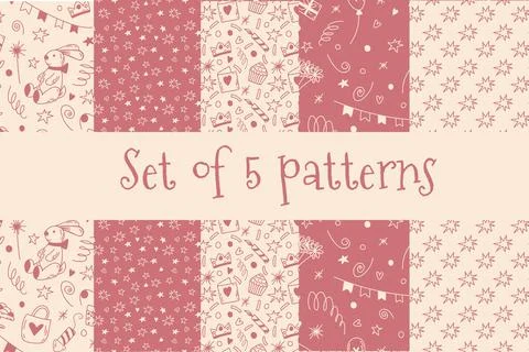 Set of vector doodle birthday seamless patterns in pink and champagne colors Stock Illustration