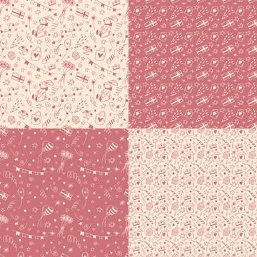 Set of vector doodle birthday seamless patterns in pink and champagne colors Stock Illustration