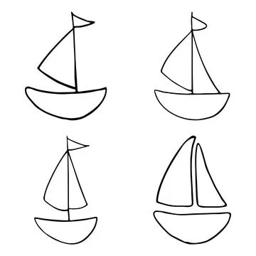 Set of Vector doodle cartoon boat. Hand drawn sea boat, yacht. Graphic element Stock Illustration