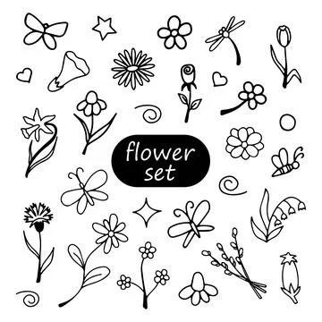 Set of vector doodle flowers and butterflies Stock Illustration