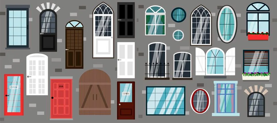 Set of vector doors and windows. Flat illustration of different types, designs Stock Illustration