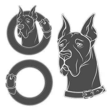 Set of vector drawing of the dog in the collar. Isolated objects on a white. Stock Illustration