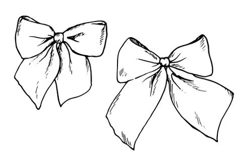 Set of vector drawings with decorative bows in sketches style black contour o Stock Illustration