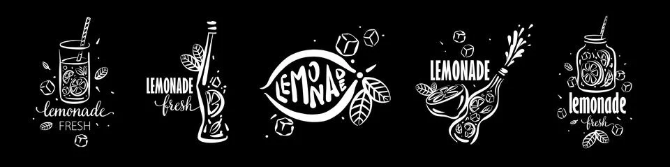 A set of vector drawings of lemonade on a black background Stock Illustration