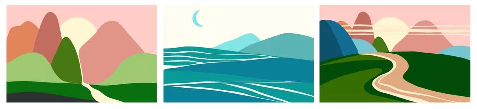 Set of vector drawings of a mountain. Landscape with bright flat colors. Stock Illustration