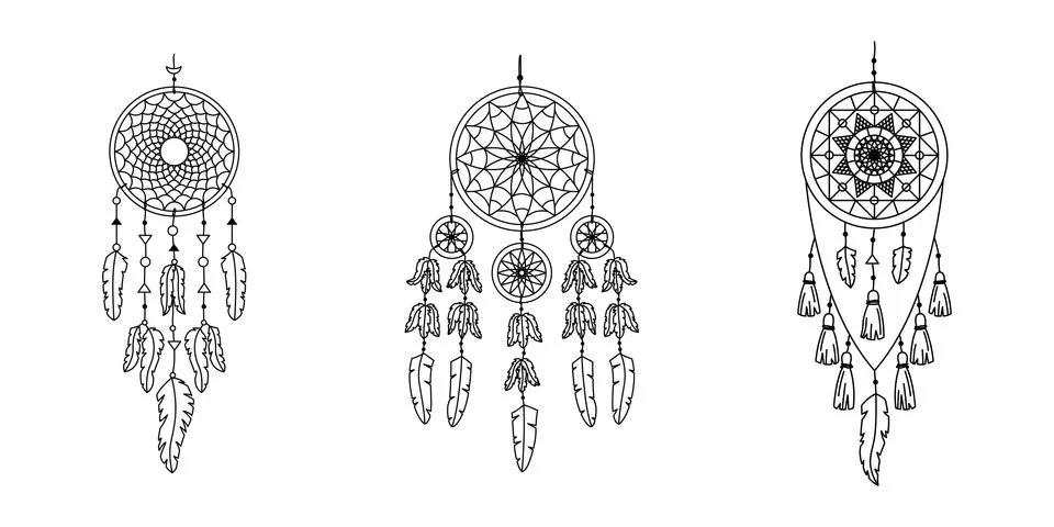 Set of vector dreamcathers in boho style. Mystical interiors. Ilustração Stock