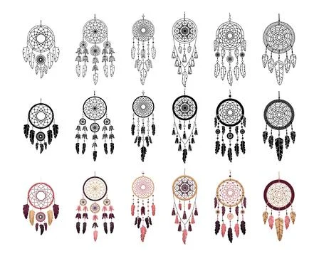 Set of vector dreamcathers in boho style. Mystical interiors. Three styles: l Stock Illustration