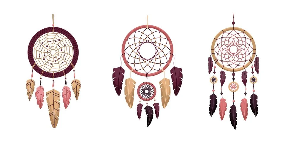 Set of vector dreamcathers in boho style. Mystical interiors. Stock Illustration
