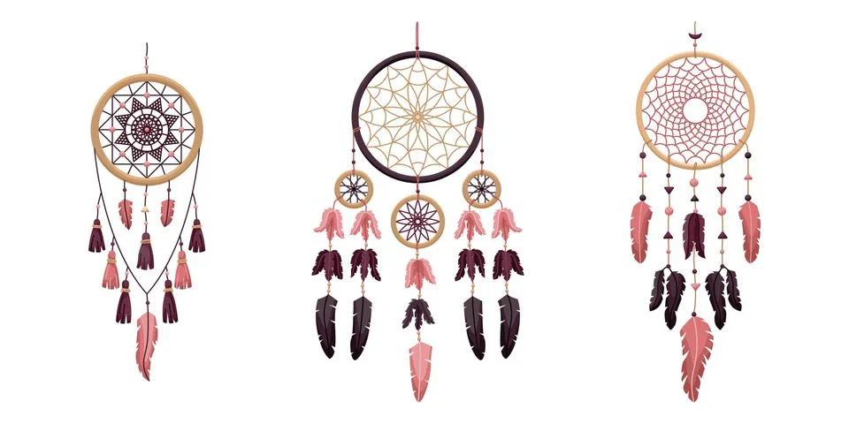 Set of vector dreamcathers in boho style. Mystical interiors. Stock Illustration