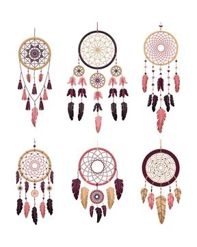 Set of vector dreamcathers in boho style. Mystical interiors. Ilustração Stock