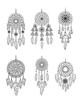 Set of vector dreamcathers in boho style. Mystical interiors. Line art Stock Illustration