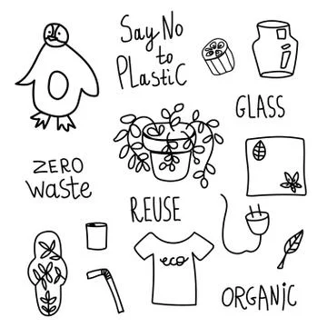 Set of vector ecology of elements. Lettering zero waste, say no to plastic Stock Illustration
