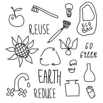 Set of vector ecology of elements. Lettering earth,reuse,go green Stock Illustration