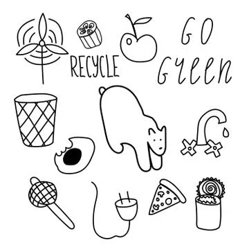 Set of vector ecology of elements. Lettering recycle,go green Illustrazione stock