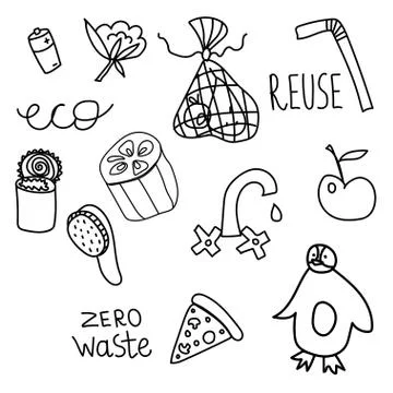 Set of vector ecology of elements. Lettering reuse,penguin, doodle. Stock Illustration