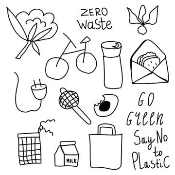 Set of vector ecology of elements. Lettering,go green,zero waste. Stock Illustration