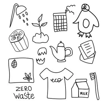 Set of vector ecology of elements. Lettering,zero waste,no plastic doodle. Stock Illustration