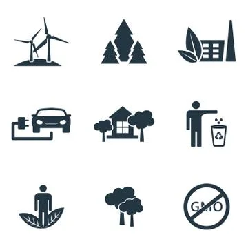 Set vector ecology icons collection in flat design. Clean air, recyclable items Stock Illustration
