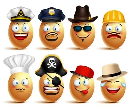 Set of vector egg faces of professionals with caps in emotions Illustrazione stock
