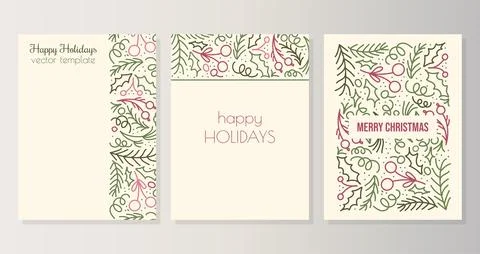 Set of vector elegant Christmas hand drawn doodle style cards with berries, pine Stock Illustration