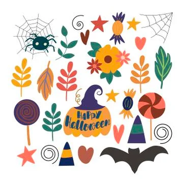 Set of vector elements for the decoration of the autumn holiday Halloween, on a Stock Illustration